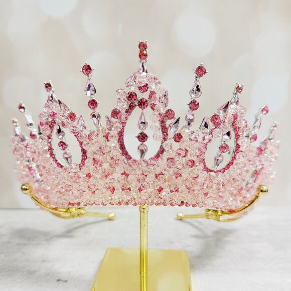 Wedding Crown, Pink Crystal Crown, Bridal Jewelry, Silver Bridal Headpiece main image 2
